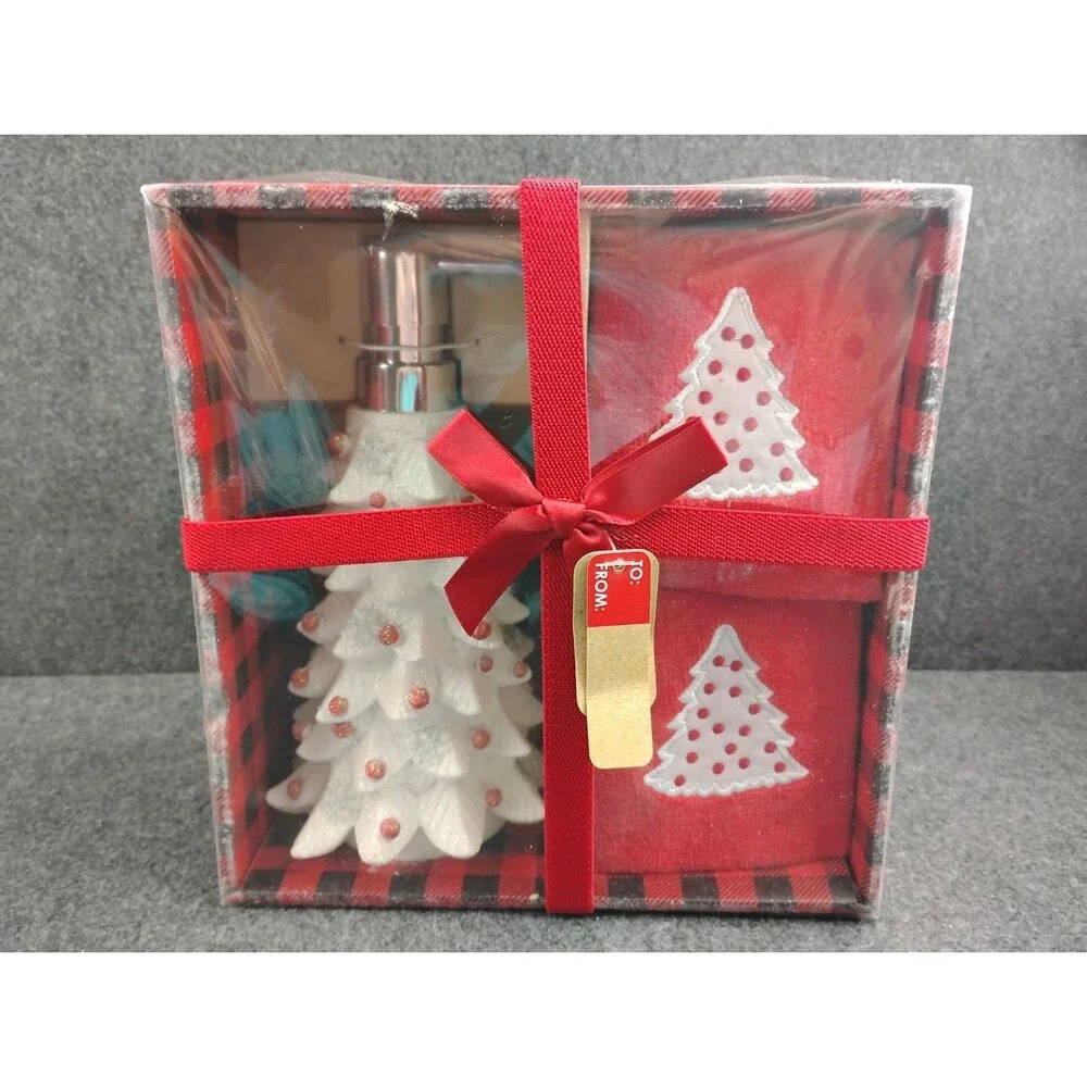 White Christmas Tree Soap Lotion Dispenser and 2 Red Fingertip Towels NEW in Box
